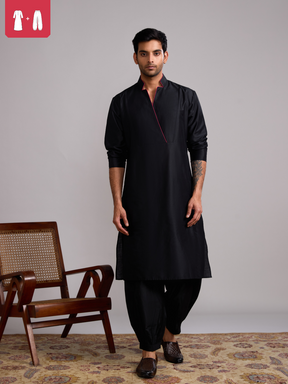 Classic collar straight kurta paired with pathani pants- Rich Black