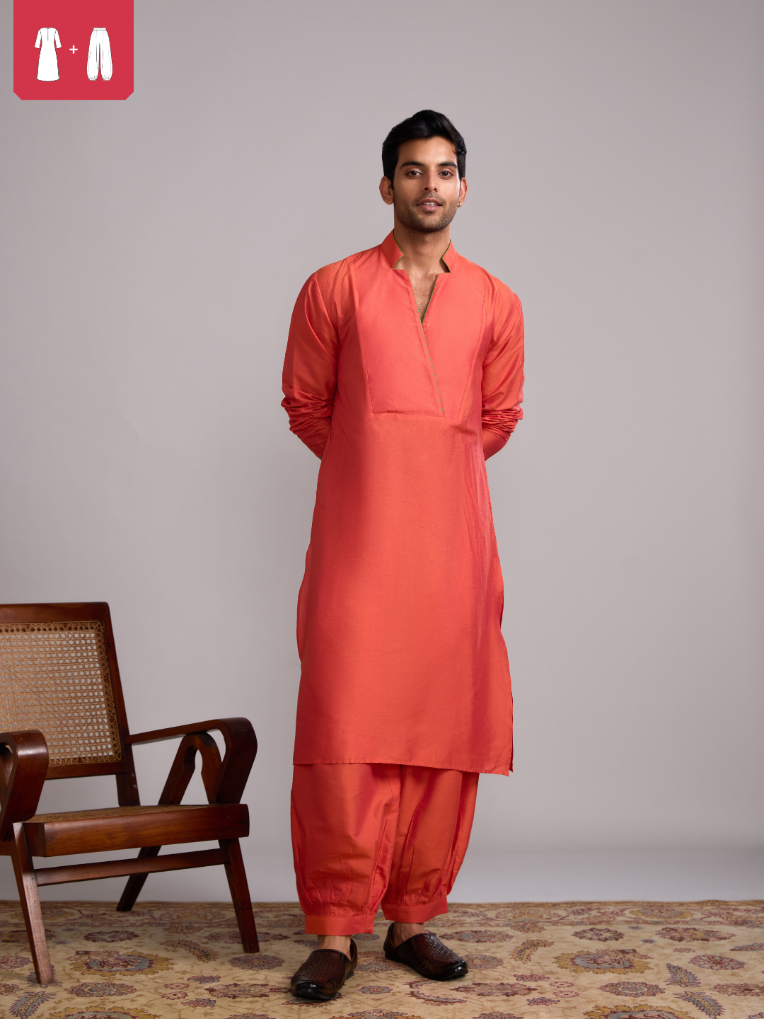 Classic collar straight kurta paired with pathani pants- Spicy orange