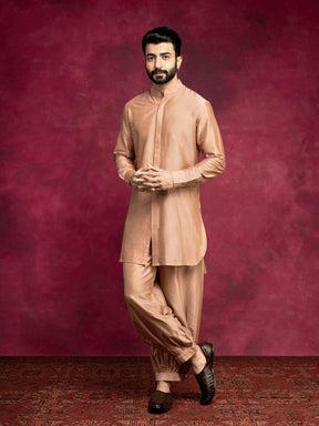 High-low hem kurta paired with pathani pants - Coffee brown
