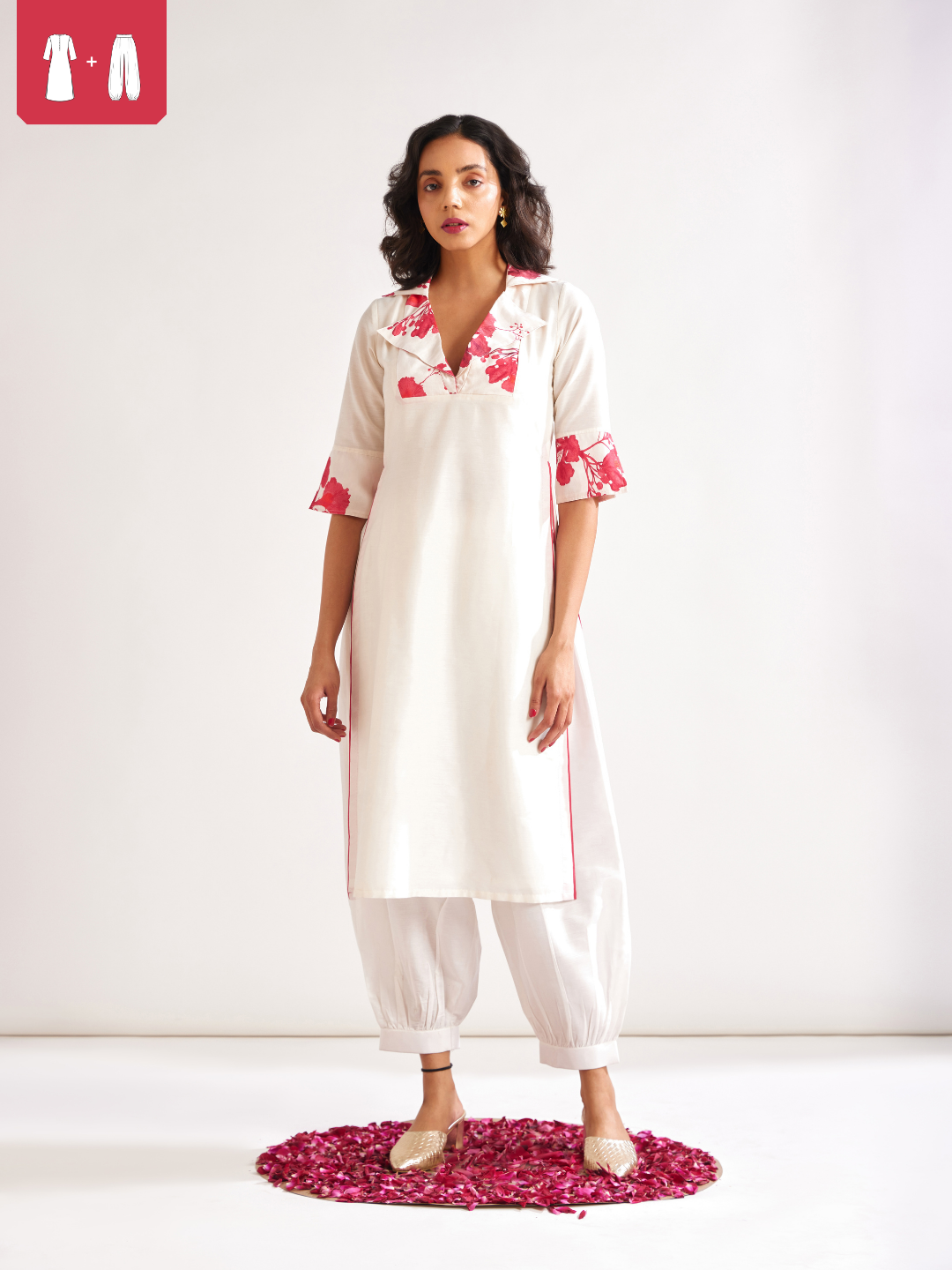 Gulmohar lapel collared straight kurta paired with pathani pants- Ivory