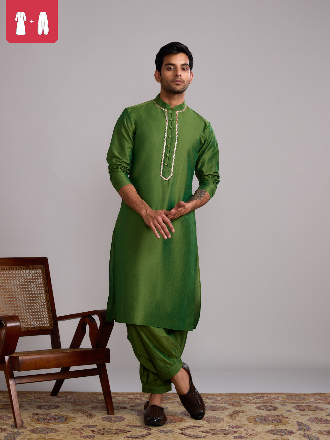 Button loops closure straight kurta paired with pathani pants- Pepper green
