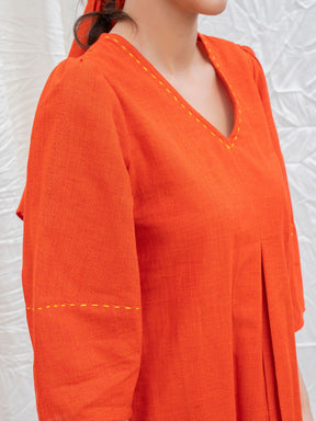 Orange Rust Mangalgiri Box Pleated Dress