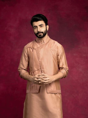 Straight kurta layered with asymmetrical jacket Set-Coffee brown