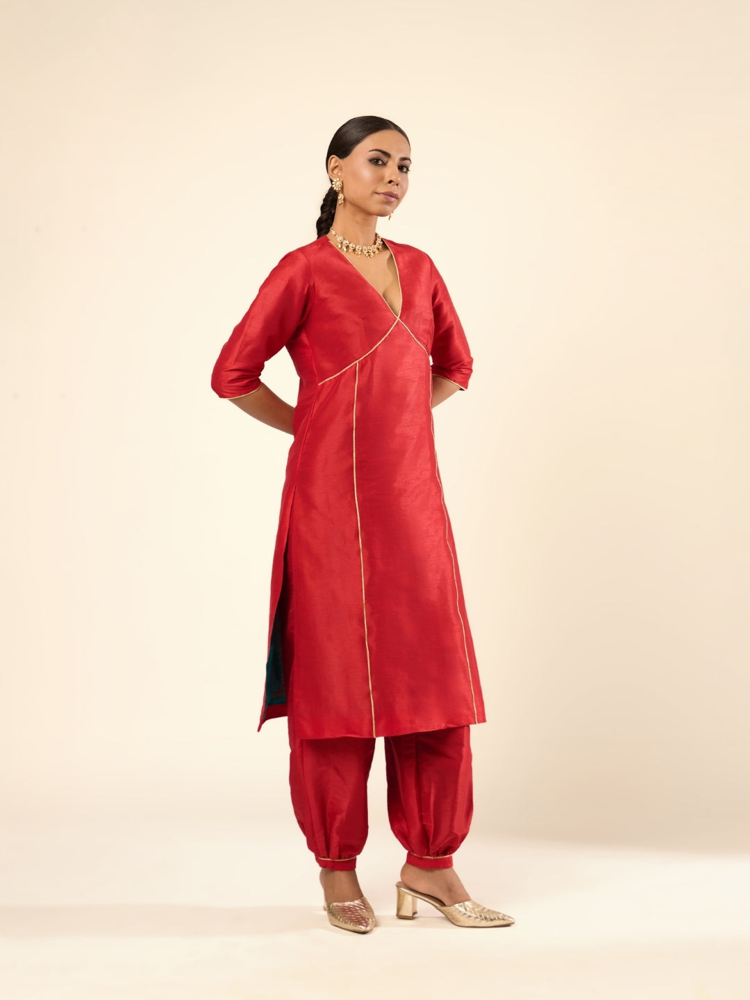 Zari Lace Art Silk Pathani pant- Red
