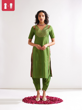 Shoulder cut-out kurta highlighted with gota patti yoke paired with side pleated pants- Pepper Green