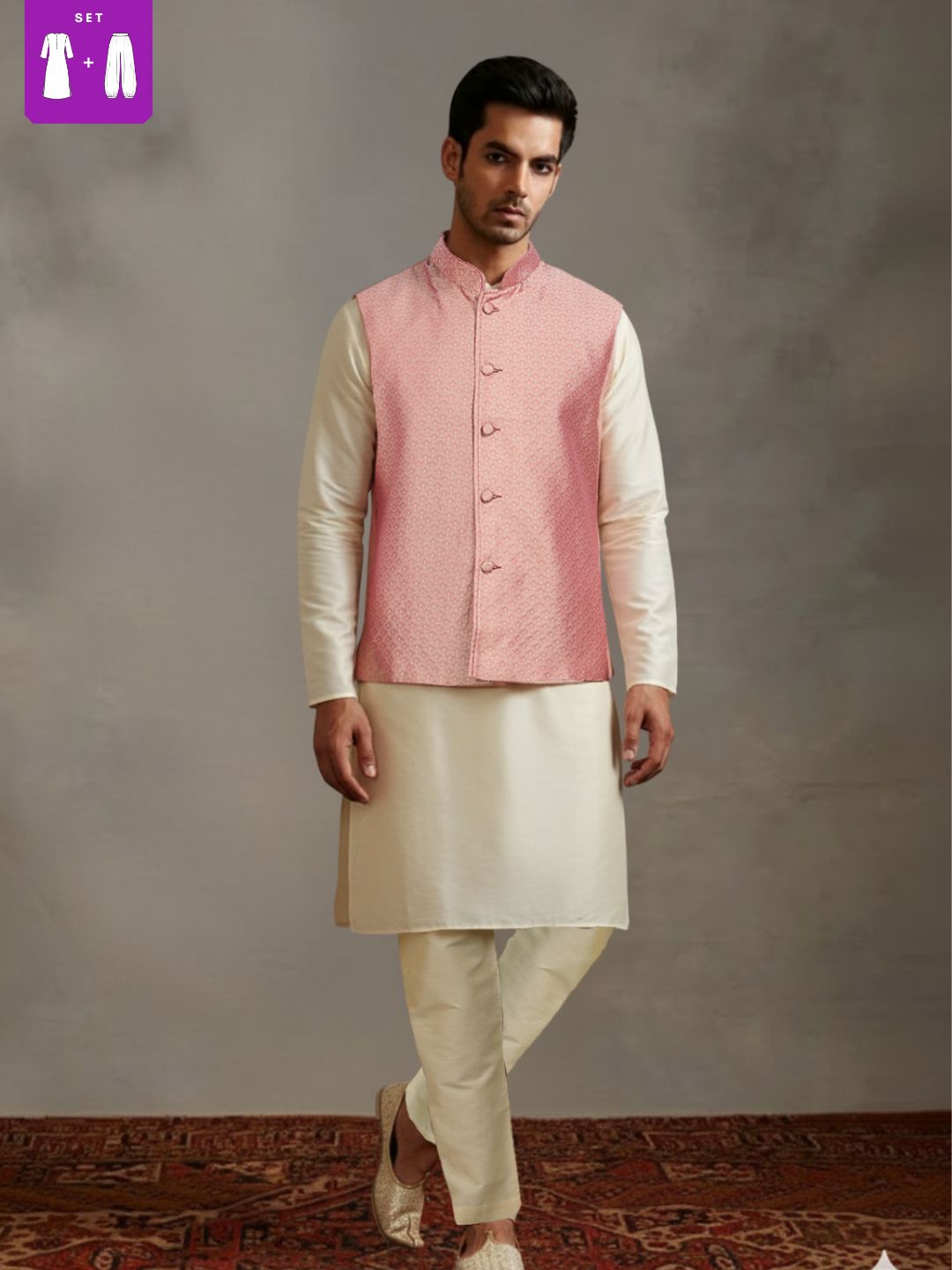 Beige Kurta Pant with pink Woven Design  Bandi Set