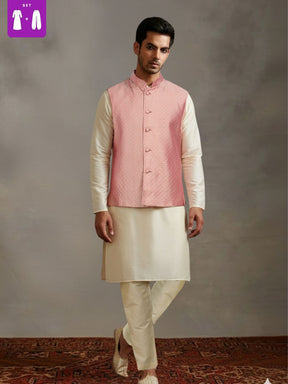 Beige Kurta Pant with pink Woven Design  Bandi Set