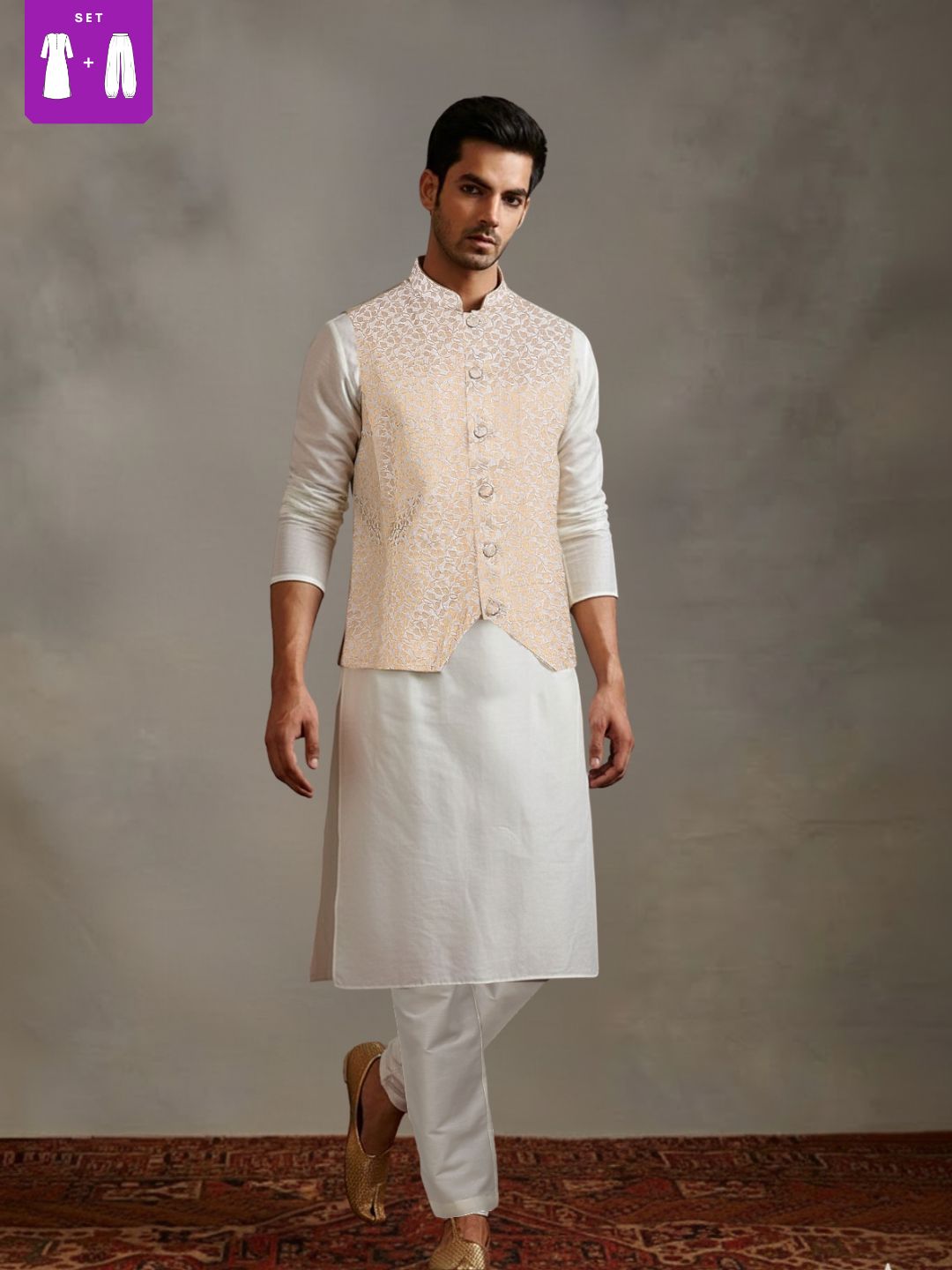 offwhite Kurta Set with Gold and White Brocade Nehru Jacket