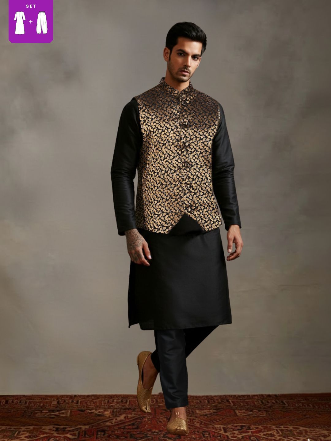 Black Kurta Set with Gold and Black Brocade Nehru Jacket