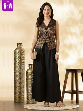 Black Brocade Waistcoat and Wide-Leg Pant Set