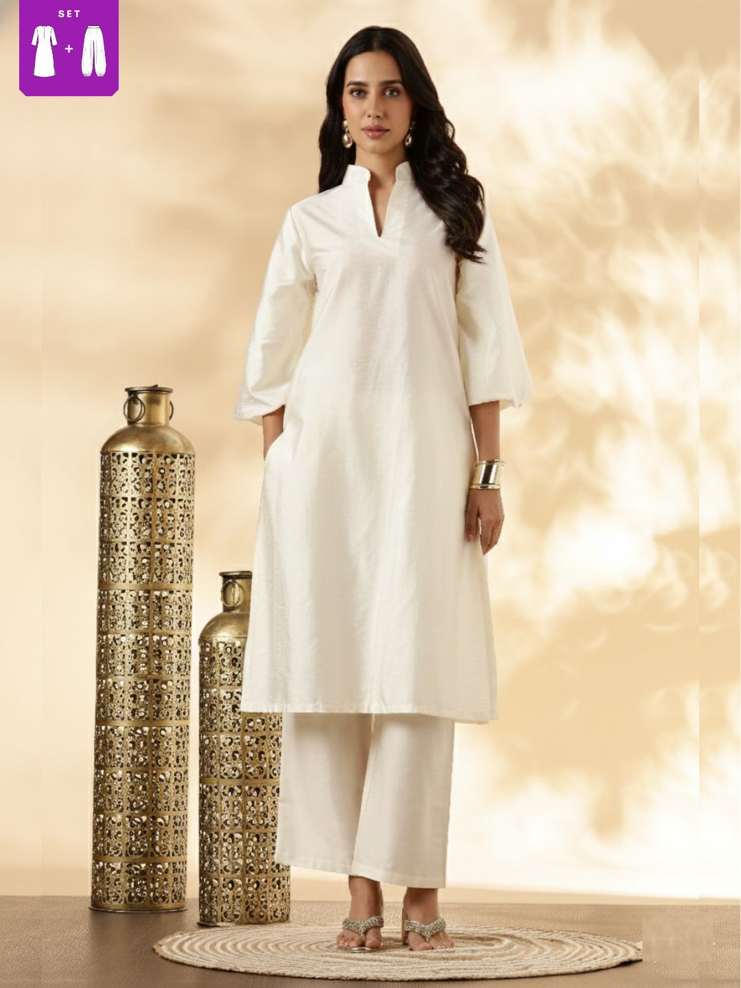 Ivory Stand Collar Straight Kurta Pant Set