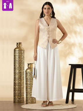 White Brocade Waistcoat and Wide-Leg Pant Set