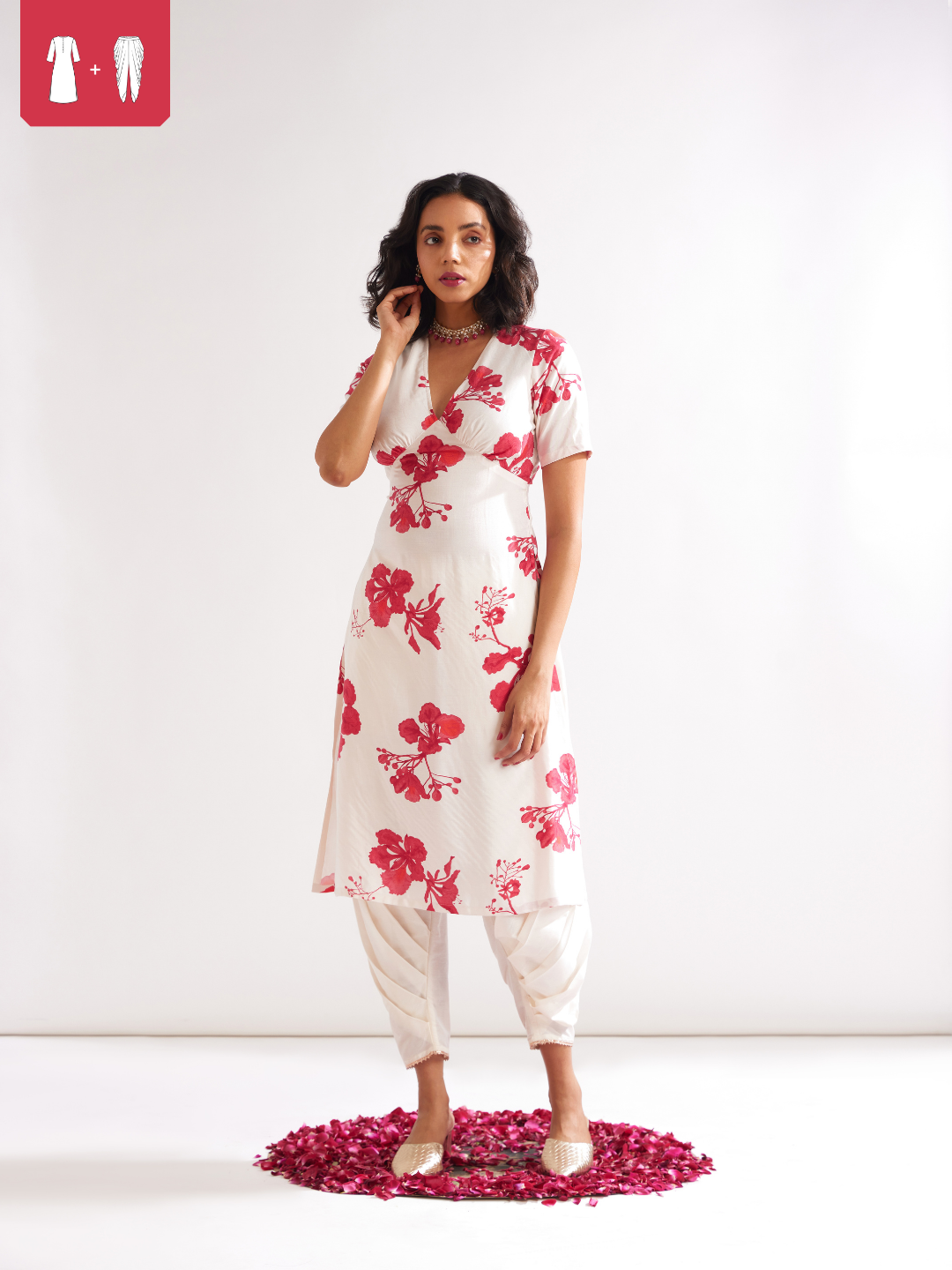 Gulmohar back tie-up kurta Paired with side pleated pants- Ivory