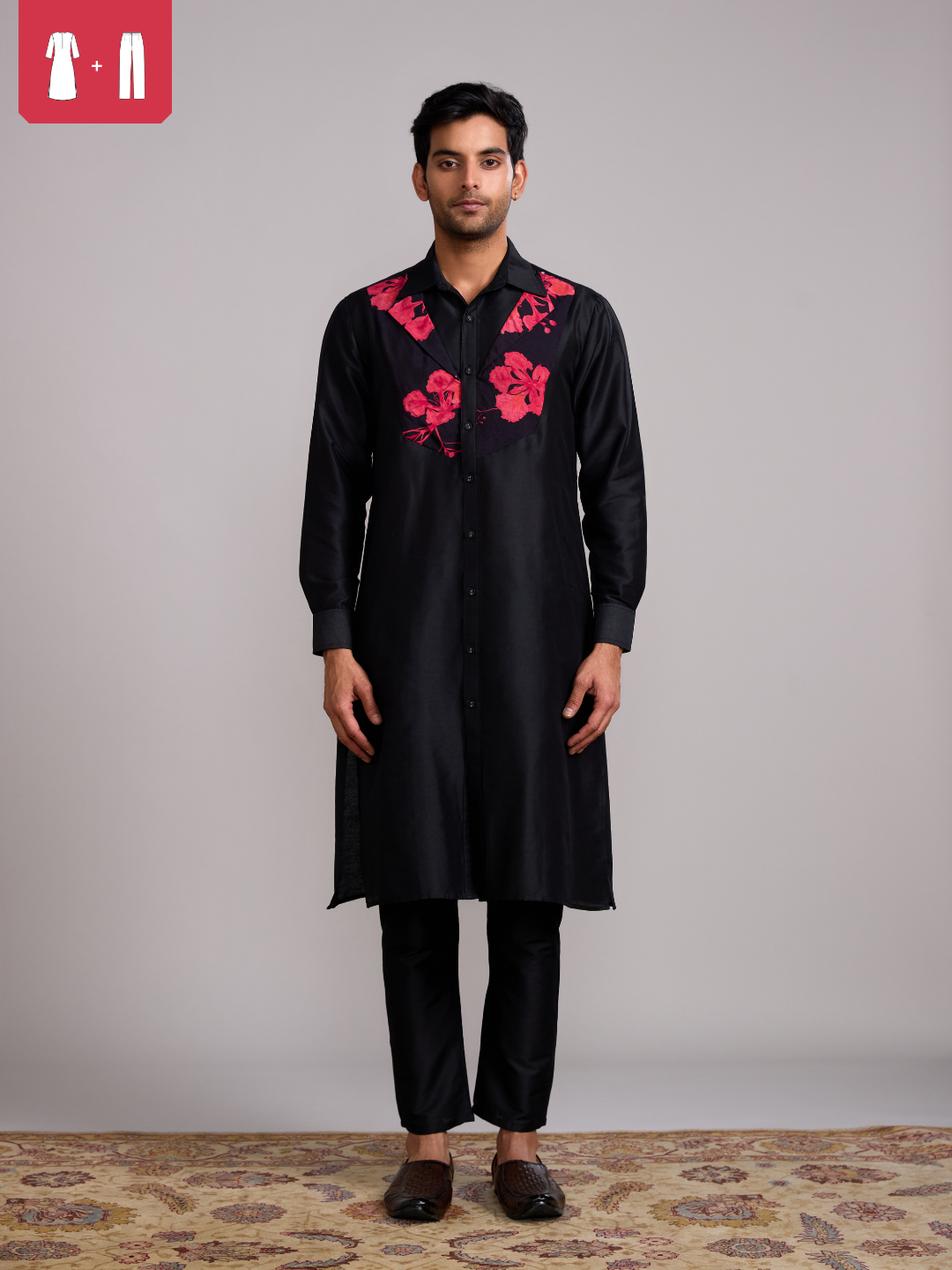 Gulmohar Classic collar straight kurta paired with straight pants- Rich black