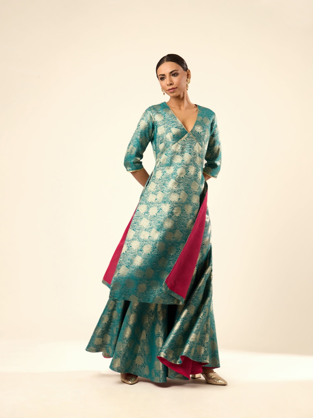 Lotus Jaal Baranasi Silk Sharara- Teal