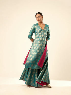 Lotus Jaal Baranasi Silk Sharara- Teal