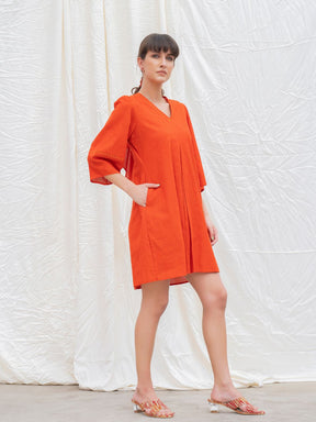 Orange Rust Mangalgiri Box Pleated Dress