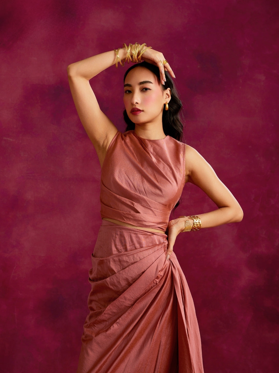 Pleated drape top & skirt co-ord set- Rose brown