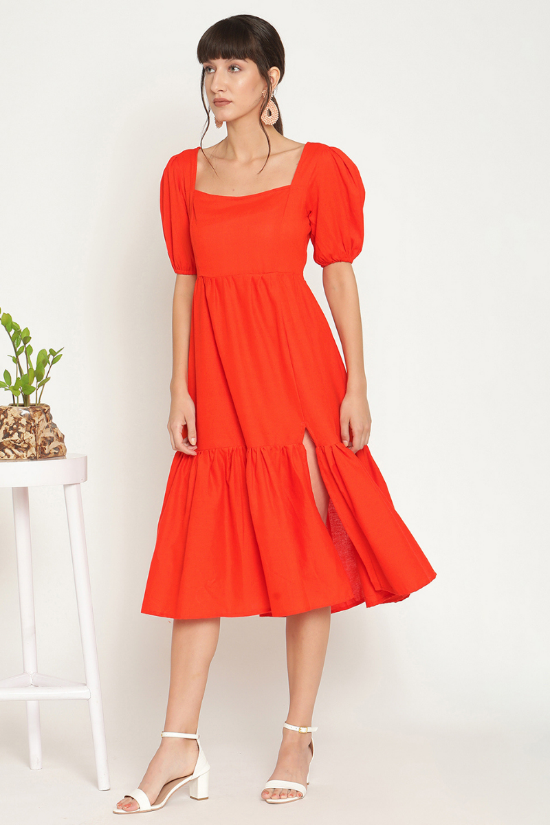 Puff sleeves midi tiered dress with slit-Tangerine