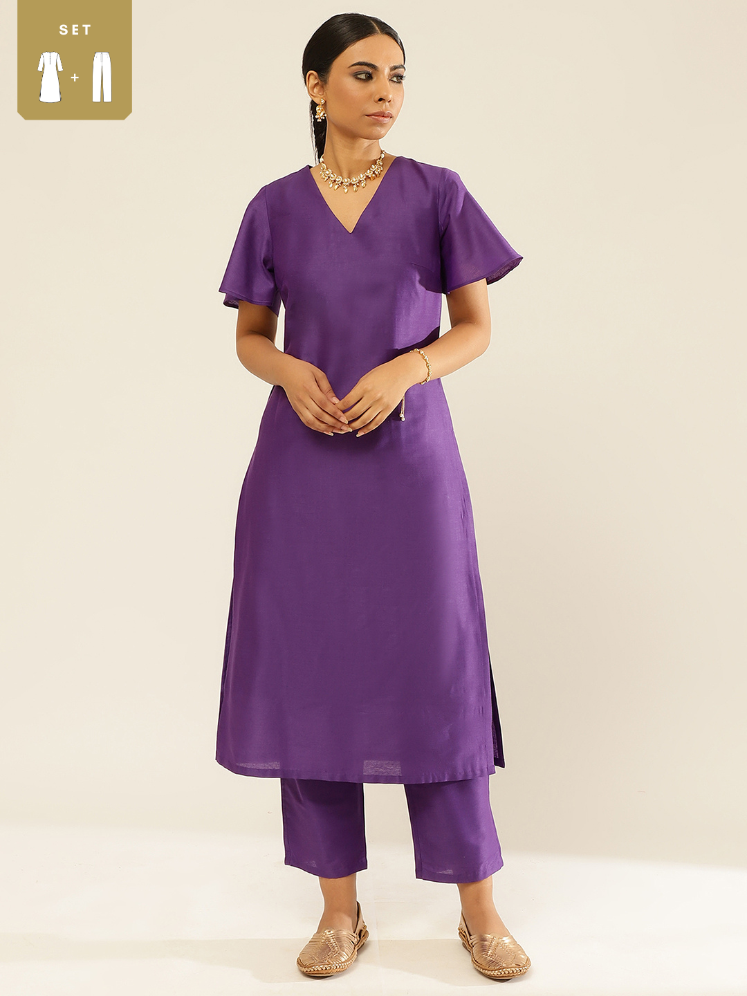 Solid color straight kurta set with bell sleeves