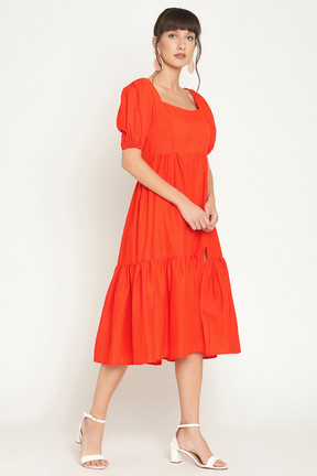 Puff sleeves midi tiered dress with slit-Tangerine