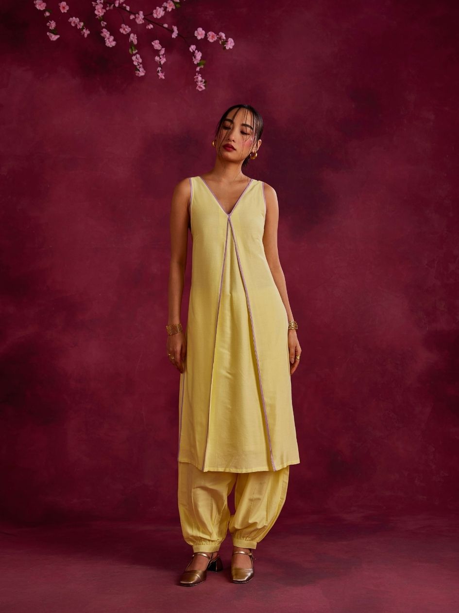 Inverted pleat front kurta with back tie-up- Lemon yellow