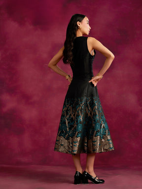 Waist coat top with zari work pleated skirt- Black