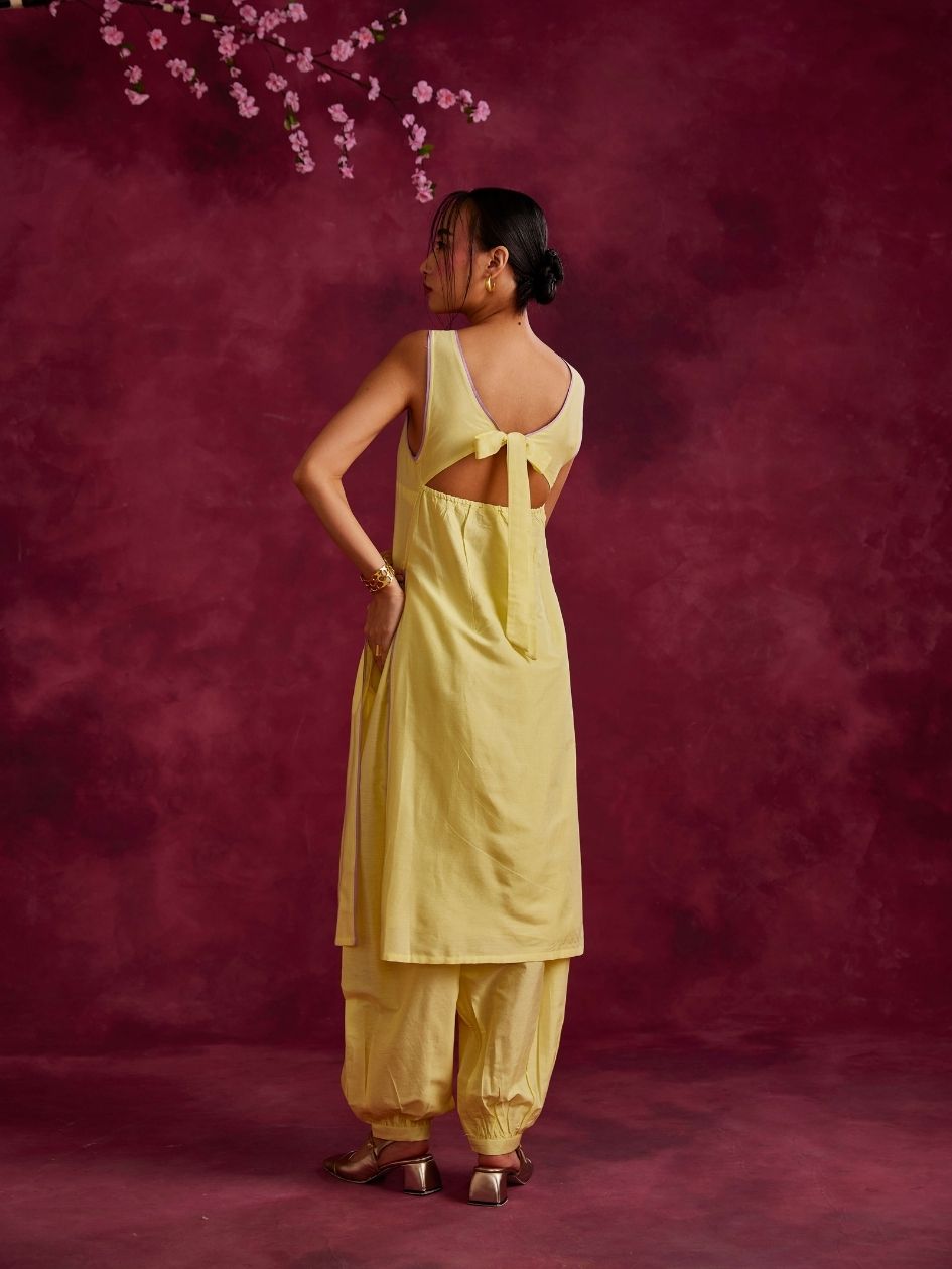 Inverted pleat front kurta with back tie-up- Lemon yellow