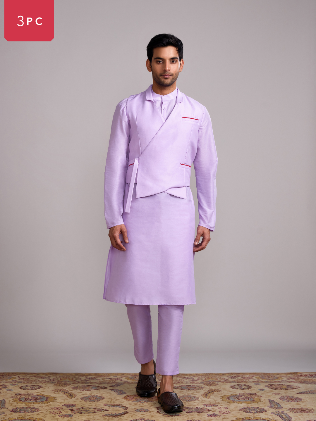 Gulmohar overlapped jacket with mandarin collar straight kurta paired with Straight pants- Lavender