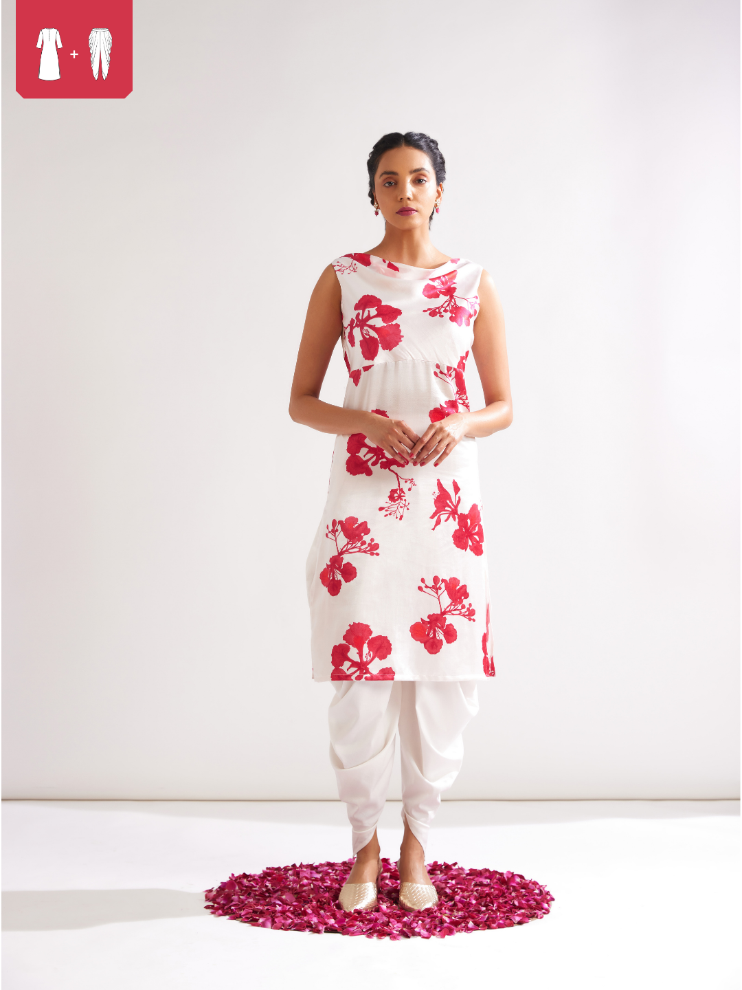 Gulmohar back cross drape Straight kurta paired with dhoti pants- Ivory