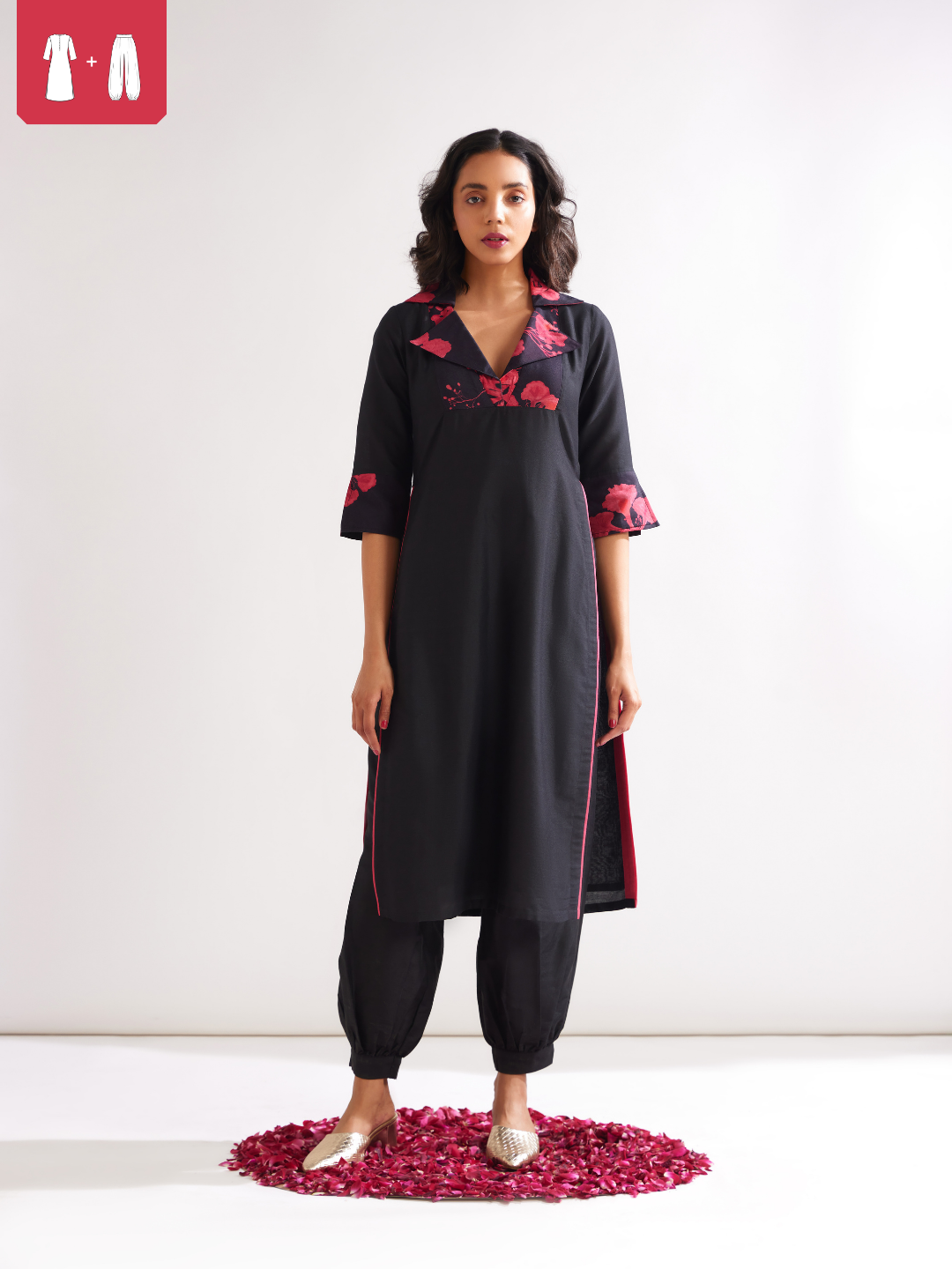 Gulmohar lapel collared straight kurta paired with pathani pants- Rich black