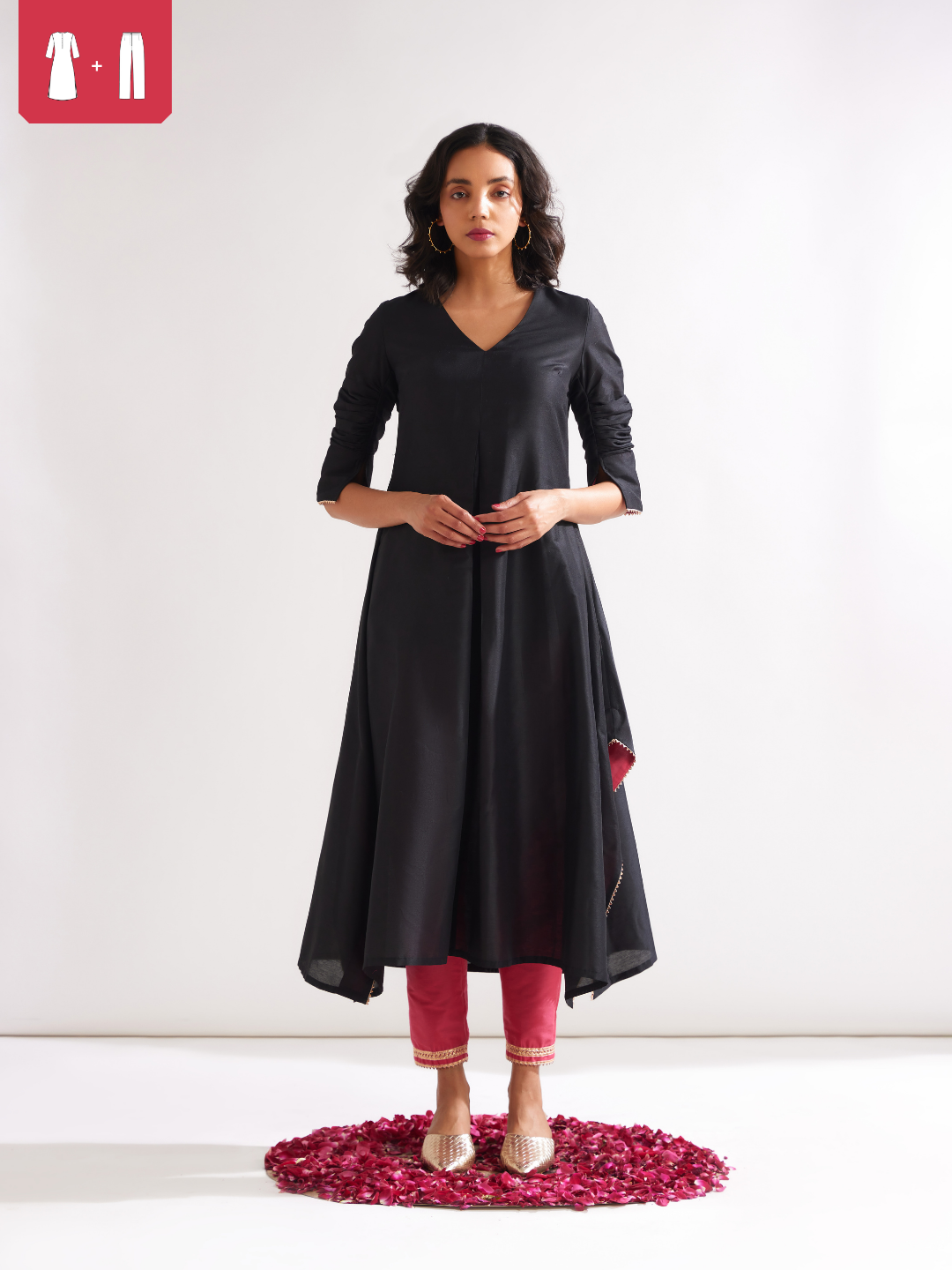 Inverted box pleat flare kurta paired with pegged pants- Rich black
