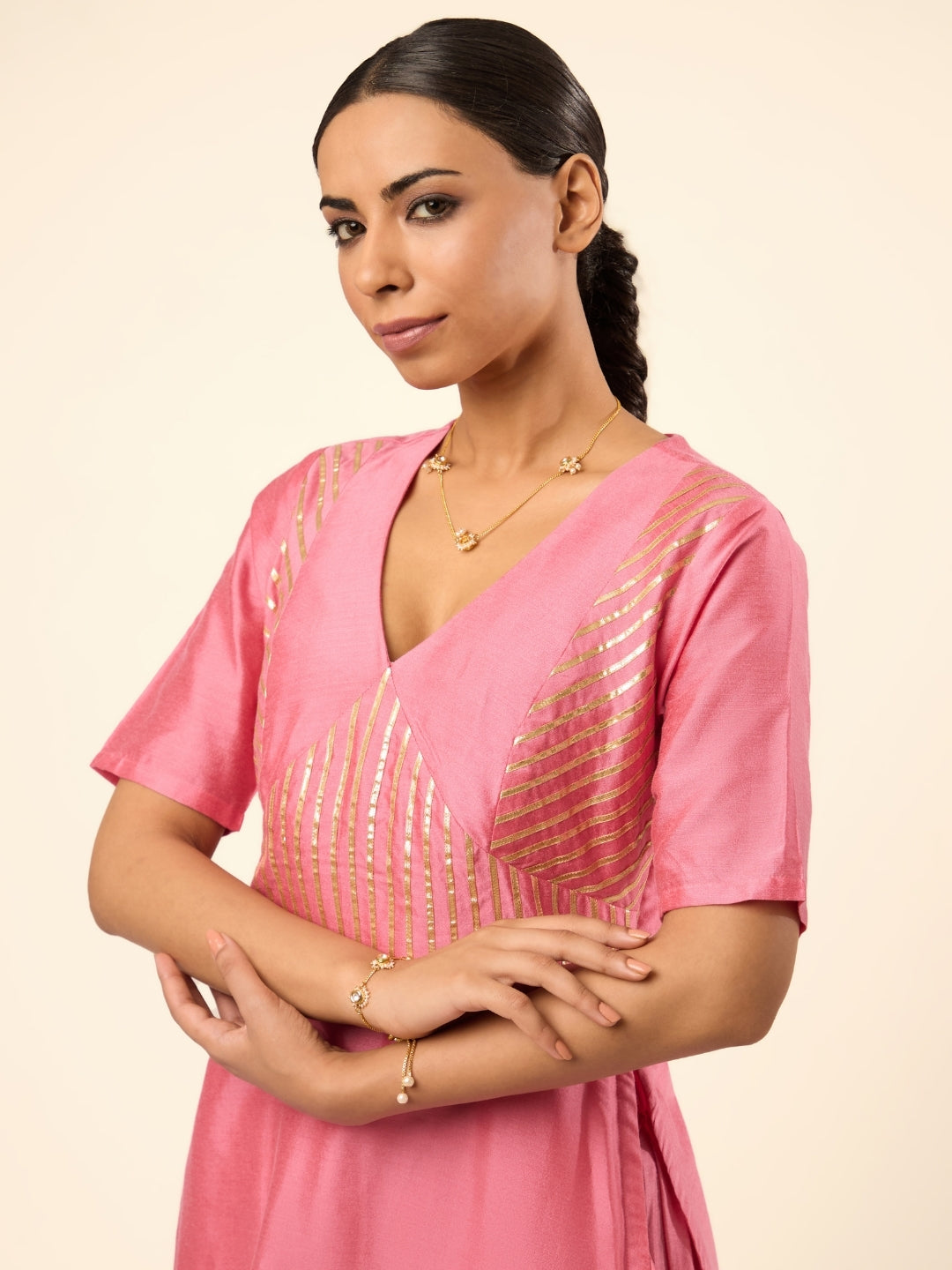Banarasi Gota patti detailed kurta- Pastel pink