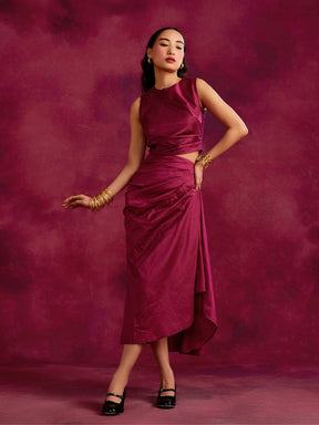 Pleated drape top & skirt co-ord set- Cabaret pink