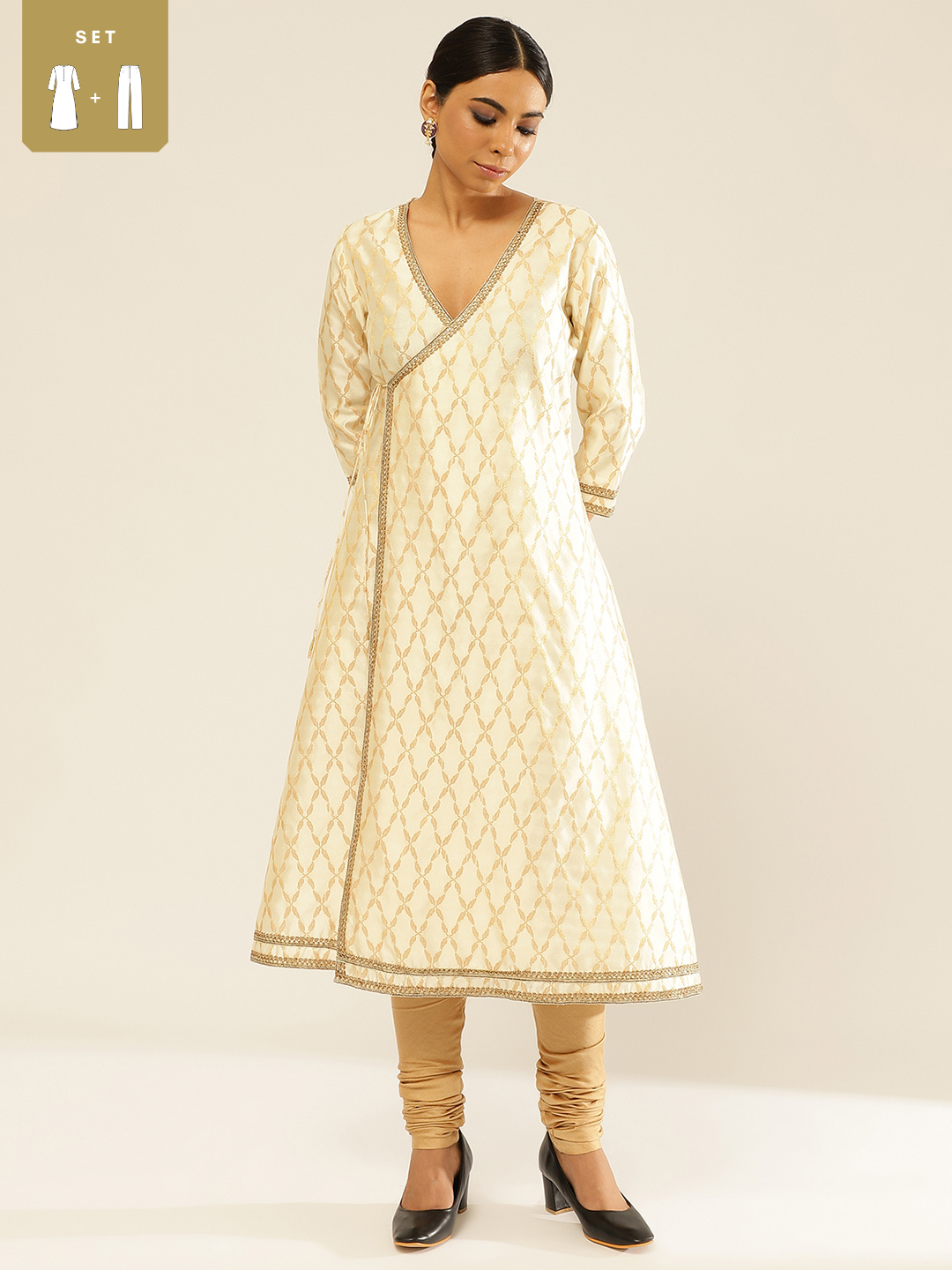 Banarasi zari angrakha kurta with Dori tie up paired with churidar