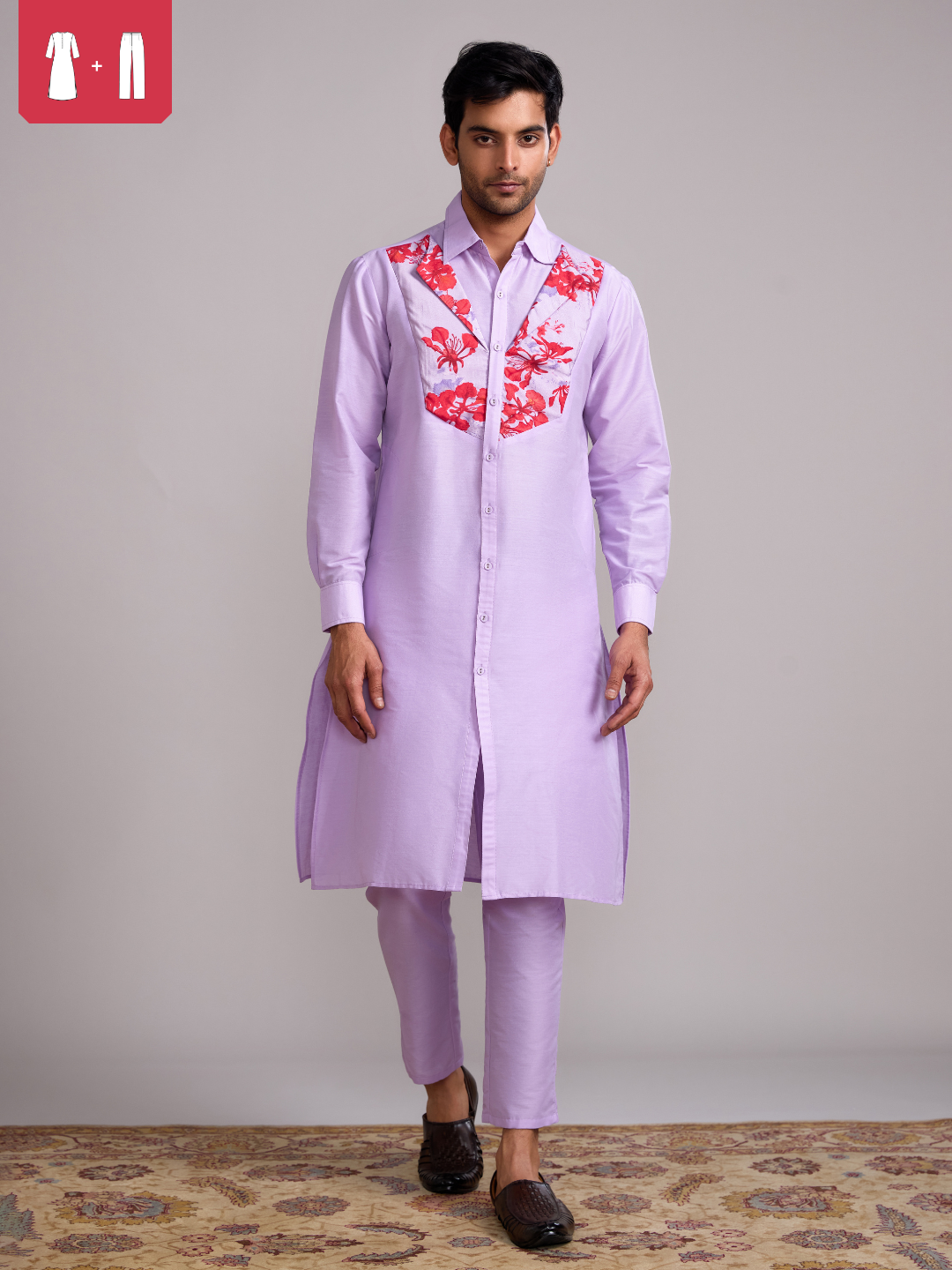 Gulmohar Classic collar straight kurta paired with straight pants- Lavender