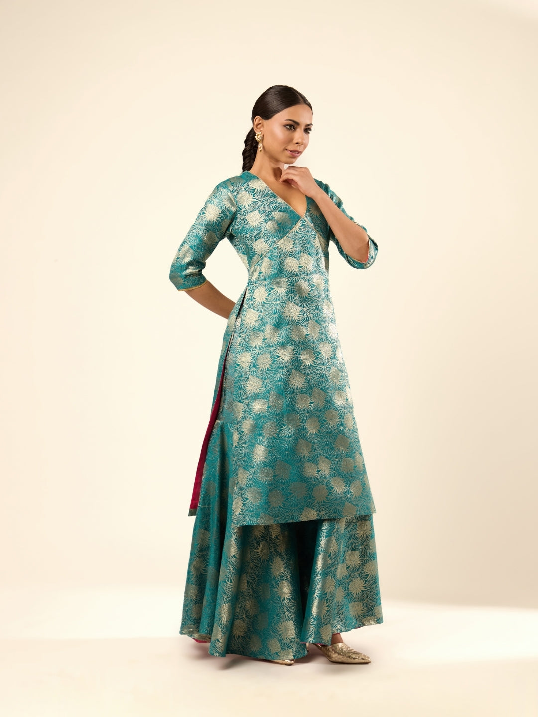 Lotus Jaal Baranasi Silk Sharara- Teal