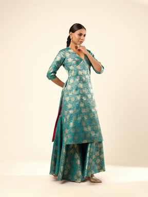 Lotus Jaal Baranasi Silk Sharara- Teal