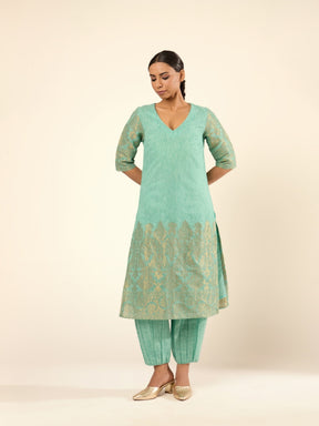 Zari Banswara Border Kurta- Mint Green
