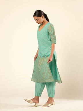 Zari Banswara Border Kurta- Mint Green