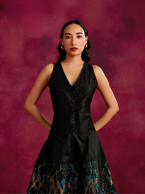 Waist coat top with zari work pleated skirt- Black