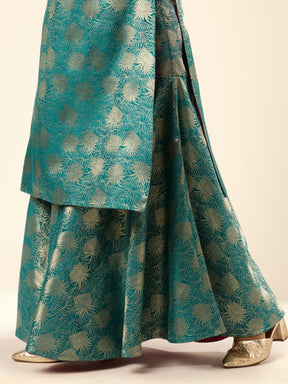 Lotus Jaal Baranasi Silk Sharara- Teal