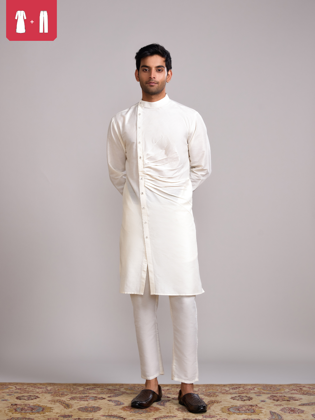 Mandarin collar front pleats straight kurta paired with straight pants- Ivory