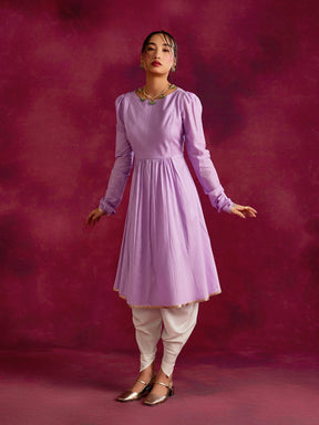 Pintucked yoke flared kurta- Lavender