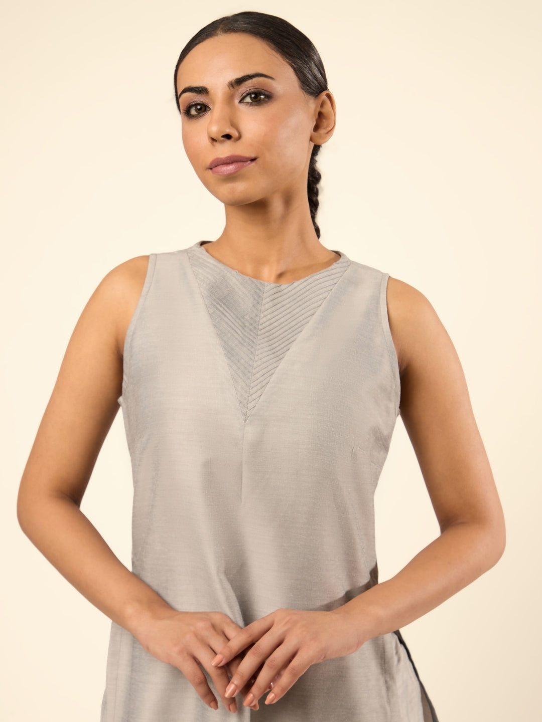 Baranasi Silk Pintuck Kurta- Grey