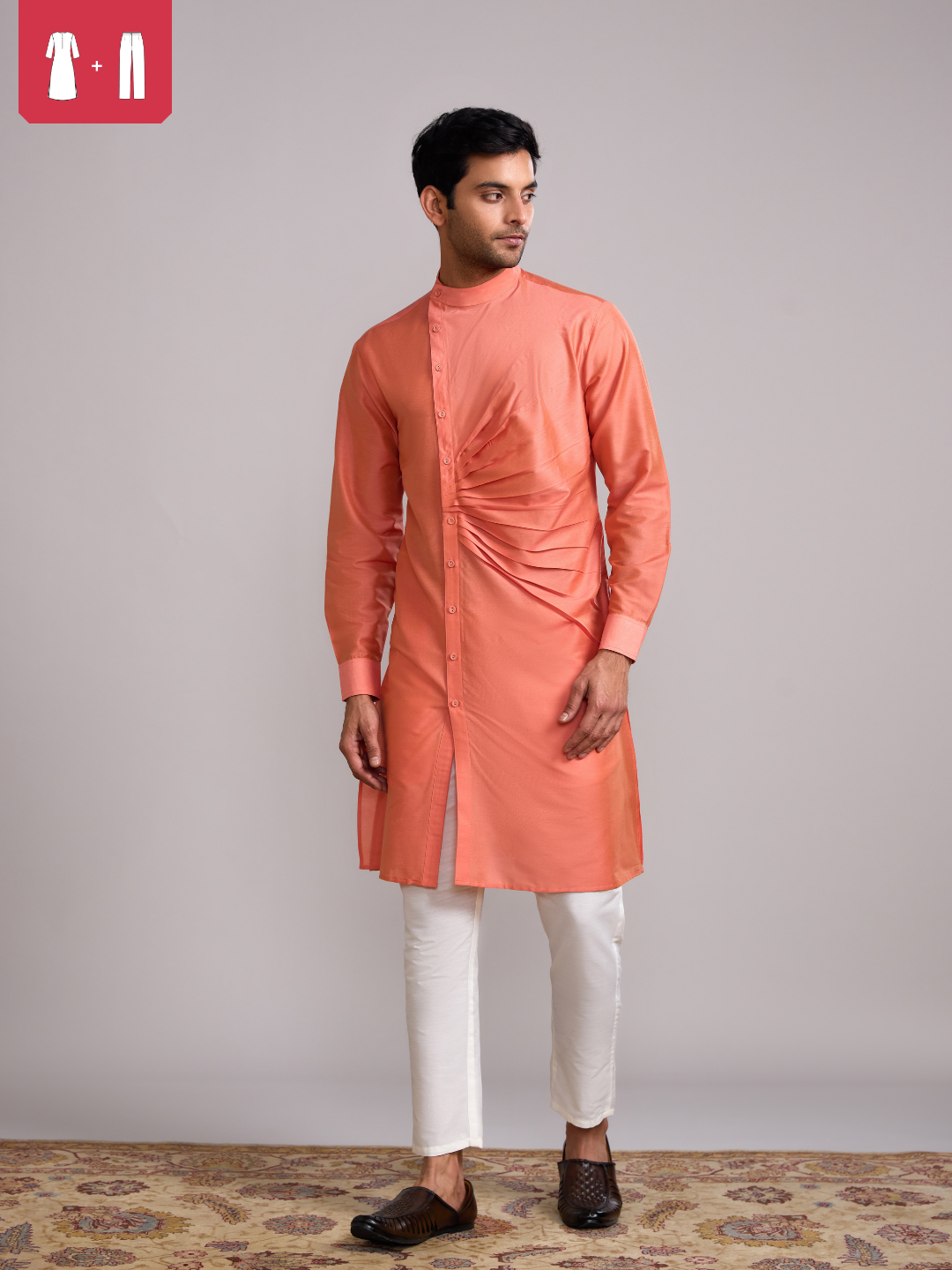 Mandarin collar front pleats straight kurta paired with straight pants- Peach Fuzz