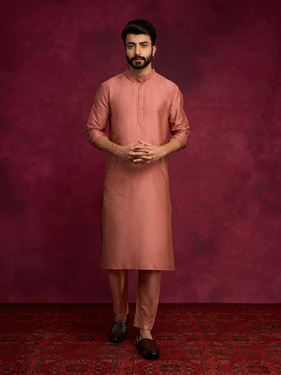 Mandarin collar Straight kurta Set - Rose brown