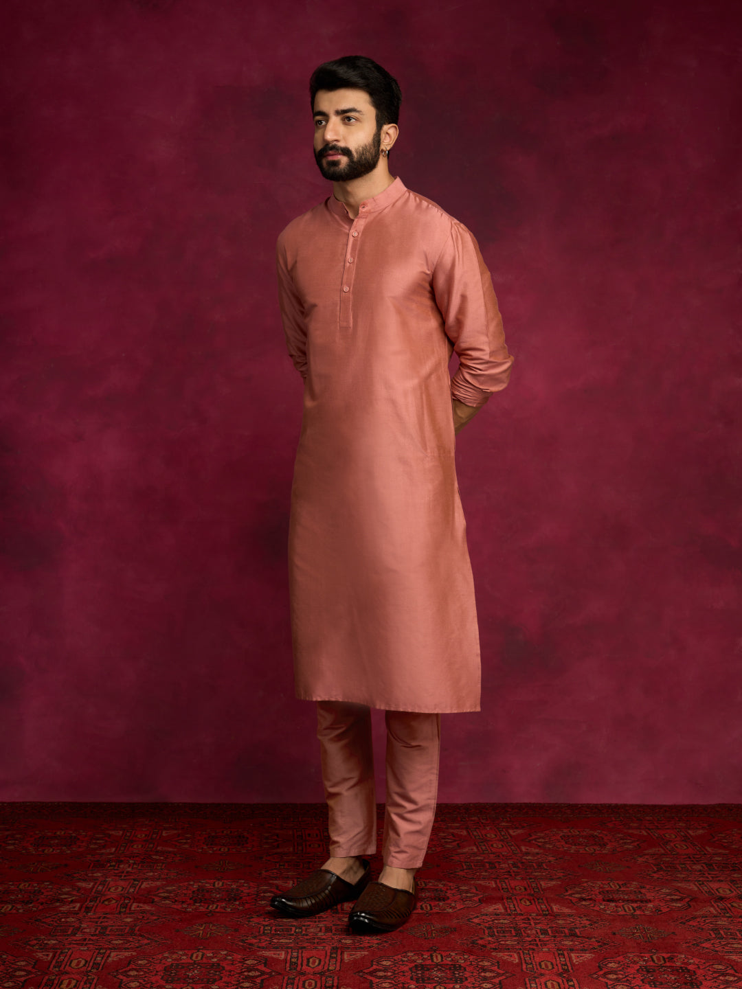 Mandarin collar Straight kurta paired with straight pants - Rose brown