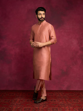 Mandarin collar Straight kurta Set - Rose brown