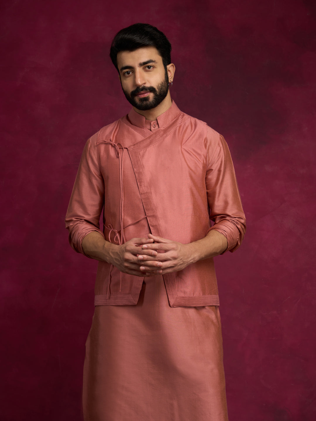 Straight kurta layered with asymmetrical jacket Set-Rose brown